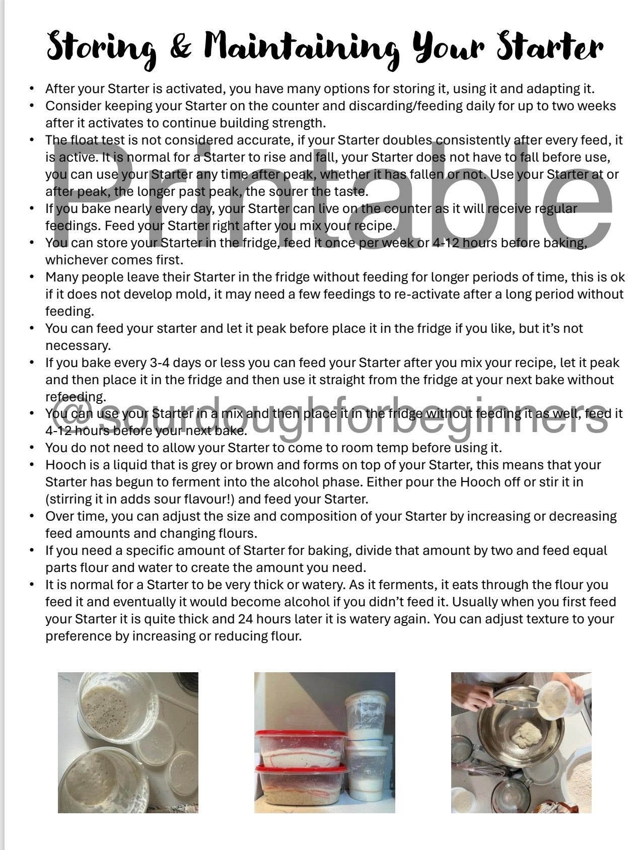 Printable Sourdough Essential Processes Recipes - Starter, Maintenance, Beginner Bread Recipe, Level 2 Hydration Recipes with Instructions